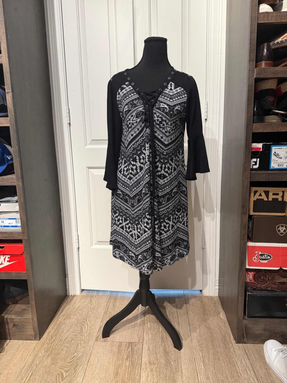 Black & White Lace-Up Patterned Women's Dress (A)